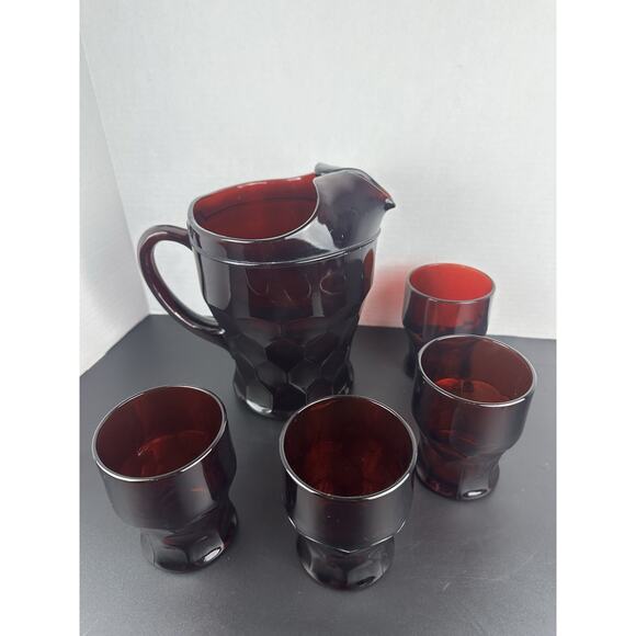 Vintage Ruby Red Georgian Honeycomb Viking 4" Glass Pitcher And 4 Tumblers - Picture 1 of 9